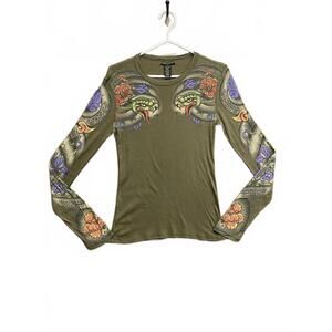 Lucky Brand Olive Green Long Sleeve Top with Snake and Floral Print Womens Sz M